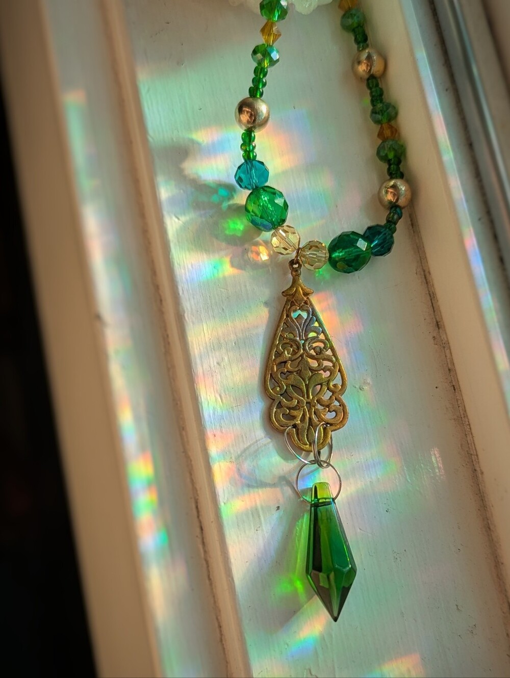 HANDMADE 🌿 filigree green crystal beaded swarovski fairycore baroque necklace